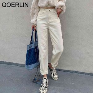 Qoerlin Vintage Winter Warm Fleece Jeans Chic Straight AnkleLength Pants High Maisted Jeans White Denim Pants Plus Size 210412