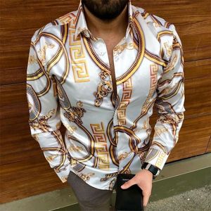 Vintage Printing Button Long Sleeve Shirts Casual Loose Turn-down Collar Mens Tops Summer Men Clothing Fashion Streetwear 220323