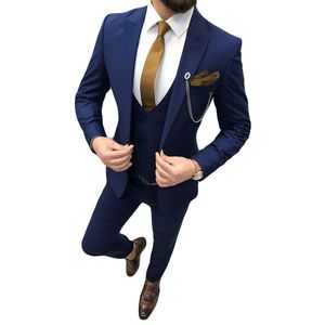 Three Piece Navy Blue Men Suits Peaked Lapel Custom Made Wedding Tuxedos Slim Fit Male jacket Pants Vesttie