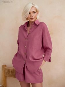 Hiloc Pocket Full Sleeves Cotton Pyjama Sets Single-Breasted Home Suits With Shorts Female Set Lapels Loungewear Women Nightwear L220803