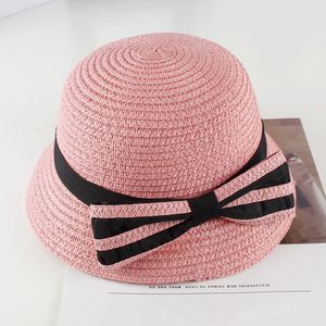 Rolled Bow Bowl Hat Children's Ribbon Bows Straw Cap Summer Outdoor Beach Anti-UV Sun Hats Baby Girls Leisure Panama Caps 220611