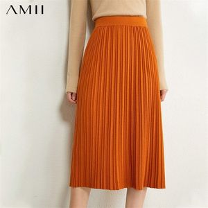 Amii минимализм осенний женский юбка мода Сплошная вязаная плиссированная женская юбка эластичная талия женская юбка 12040669 210306