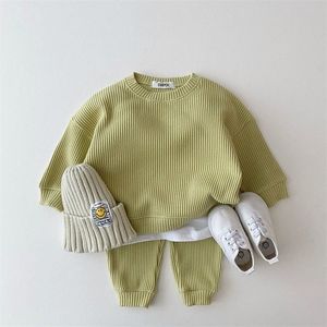 Мода малыша ребёнок одежда наборы одежды для младенцев вафли хлопчатобумажные мальчики набор одежды толстовка + брюки 2 шт. Outfit Детский костюм 220326