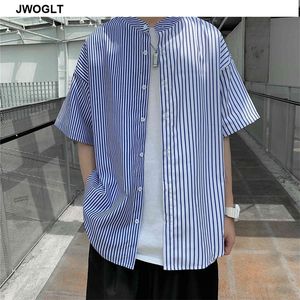 Mode sommar ny herr skjorta avslappnad kort ärm randiga skjortor harajuku streetwear knapp ner kragefri social blus 210412