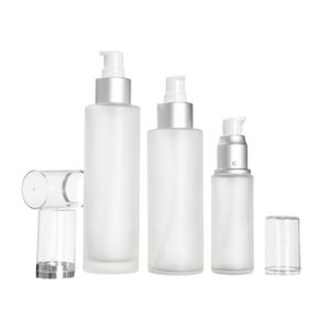 Packing Glass Frosted Bottle Flast Shoulder Matte Silver Collar White Pump med Clear Cover Empty Portable Refillable Cosmetic Container 20 ml 25 ml 30 ml 100 ml 120 ml