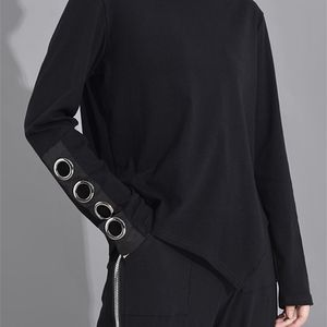 [EAM] Women Black Hollow Out Asymmetrical Split Joint T-shirt Stand Collar Long Sleeve Fashion Spring Autumn 1M87401 220402