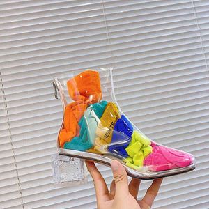 Rubber Shoes for Women Color Socks Shoes Transparent High Heels Girls Fashion Nightclub Sexy Shoes Women Waterproof Rain Boots Y220707
