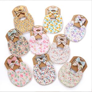 INS Double Side Using baby bibs 100% cotton Flower Print Lunch Bibs And Bow Knot Headband Girl Infants with Lace Design 3pcs/set 9 Colors