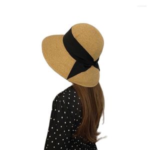 Chapéus largos de abrangência Summer Nature Raffia Straw Hat for Women Holiday Girls Ladies Bow Ribbon Protection UV Sun Visor Caps Beach Panamá grande brimw
