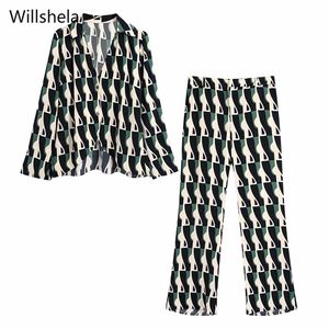 Two Piece Set Women Fashion Long Sleeves Printed Shirt Vintage Elastic Waist Trousers Casual Woman Outfit Pants Sets 220509