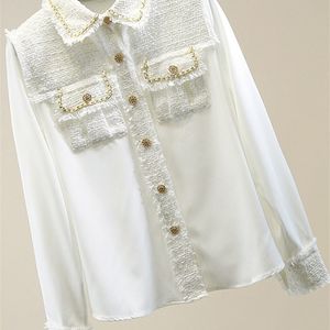 Mode Designer Tweed Patchwork Chiffon Shirt Blus Kvinnor Vintage Långärmad Guldkedja Pearls Weave Tassels Pocket Tops 220407