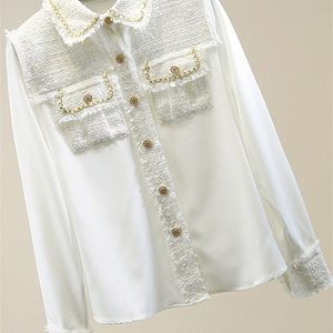 Fashion Designer Tweed Patchwork Chiffon Shirt Blouse Women Vintage Long Sleeve Gold Chain Pearls Weave Tassels Pocket Tops 220407