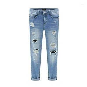 Partihandel-Spring Women's Jeans Ripped Straight Full Length Famale Hole Mid Waist Byxor Tvättad Bomull