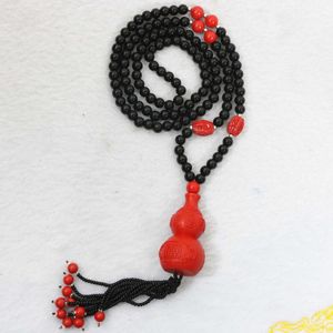 Pendanthalsband Fashion Red Cinnabar x46mm Gourd Round mm Black Carnelian Beads Charms Long Rope Chain Jewelry Necklace B964PE