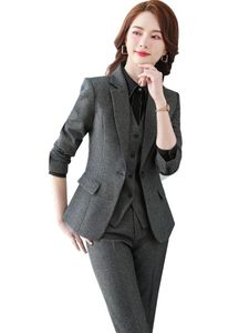 Women's Two Piece Pants Black Blue Gray 3 Set Women Pant Suit Office Ladies Formal Business Work Career Wear Vest Blazer Jacket And Trousers