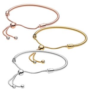 925 Sterling Silver Snake Chain Slider Bracelet Womens Wedding gift Jewelry with Original box for Pandora Yellow Rose gold plated Charms bracelets set