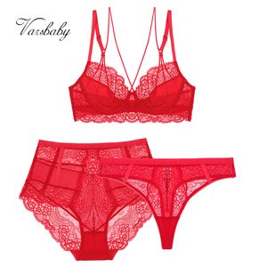 Varsbaby sexy unlined 3/4 cup underwear floral lace 3 pcs bras+high-waist panties+thongs for ladies 220513