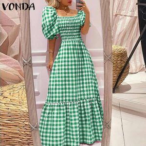 Summer Party Dress Women Green Robe VONDA Vintage Short Sleeve Square Collar Plaid Maxi Dresses Holiday Vestidos 220613