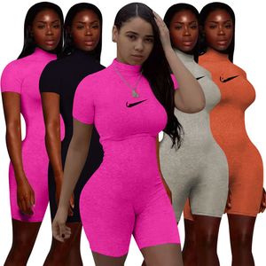 2024 Marka Tasarımcı Kadınlar Pamuk Tulumları Sıska Yaz Kısa Kollu Kaldırıcılar Nakış Katı Tek Parça Şort Fitness Bodysuits Plus Boyut 2xl Playsuit 7444