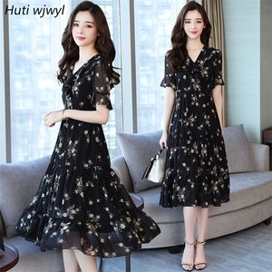 Summer Black Vintage Floral Szyfonowy Midi Sundress Eleganckie kobiety plus size boho sukienki boho impreza z krótkim rękawem vestidos 220517