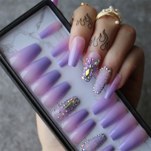 Box Gift Ombre Purple Lavender Coffin False Nails Crystal Design Caviar Shaped Drill Tapezoid Fake Nails Custom 220726