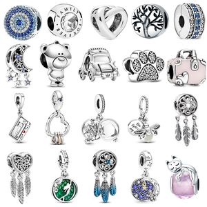 Ny s925 Sterling Silver Beads Charms Lyx Klassisk fjäderpärlstav DIY-märkt hänge Original Fit Pandora Dream Catcher Armband Mode Smycken Kvinnor Present