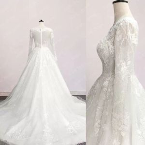 Gorgeous Lace Wedding Dresses Brdail Gown Applique A Line Covered Buttons Back Jewel Neck Long Sleeves Country Custom Made Plus Size Robe De Mariee