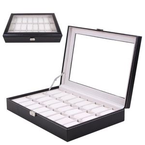 Watch Boxes & Cases Display Box 24 Grid Wristwatch Storage Case Organizer Classical Holder Foam Pad Pillow Transparent Glass Black Leather