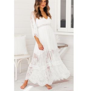 Ordifree 2021 sommer boho women maxi kleid halb ärle geteilte weiße spitze long tunika strand kleid 210320