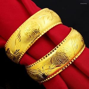 Bangle Fine Gold Plated 24k Armband för kvinnor Handarmband Dragon Phoenix Bangles Luxury Woman Jewelry Wedding INTE22