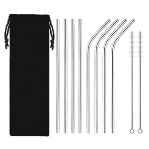 Set of 10 Stainless Steel Food Grade Metal Straws For Cold and Hot Drinking food grade straws 1 portable bag 4 direct 4 curved and 2 cleanin