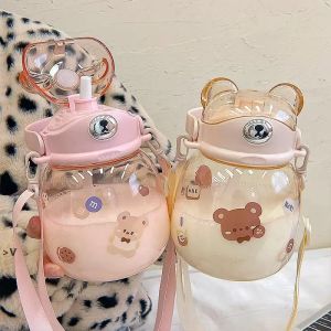 Cartoon bear plastic Water Bottles with straps for children's portable outdoor straw cup students cross drinking water bottle