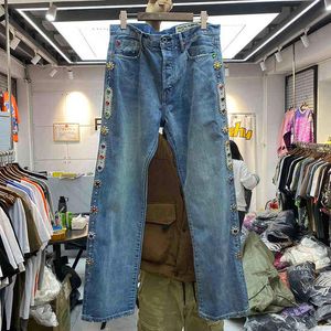 KAPITAL Jeans Men Women KAPITAL Pants Vintage Washed Inlaid Gemstone Distressed Trousers Inside Tag Clothes T220803