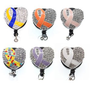 50PCS/Lot Enamel Rhinestone Ribbon Heart Shape Nurse Medical Retractable ID Name Badge Reel Holder For Gift