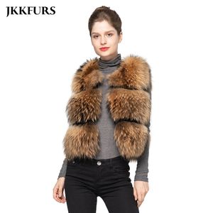 JKKFURS Fashion Style Women Real Raccoon Päls Vest Winter Thick Warm Fashion Gilet WaistCoat 3 Rows S1150B 201103