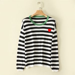 with eyesWomen pure cotton Sweater Heart ONeck Pullover stripe with heart Embroidery Long Sleeve Knitwear Top 220817