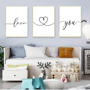 Impressão da sala de estar, quarto de parede de parede de imagens de casa decoração de casa preta e branca Doce frase amor