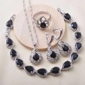 Серьги Ожерелье роскошное серебряное цветовое украшение наборы свадебной для женщин черная циркония браслет кольцо подвеска Рождественский подарок QS0629