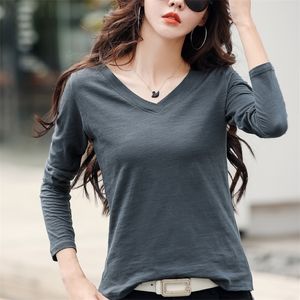 Tuangbiang Höst Kvinnor Asymmetrisk Hem Bamboo BomullT-tröja Bury Loose Tshirt Korean Korsad Långärmad Vinter Toppar 220402