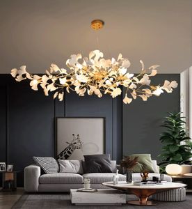 Modern LED-ljuskronor Lampor för köket Vardagsrum Ljuskrona Belysning Ny Hängande Lampa Vit Keramik Ginkgo Tree Leaf Light