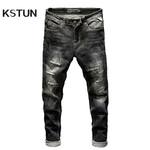 Kstun rozerwał dżinsy dla mężczyzn Slim Fit Schody Modna Make High Street Męskie dżinsowe spodnie Zniszczone zabytkowe męskie dżinsy T200614