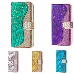 Luxury Bling Croco Stone Läder Plånbok Fodral för Xiaomi RedMi Not 11 5G Pro Samsung A33 A53 A73 5G Diamond Sparkle Glitter Crocodile Girls Hybrid Card Slot Flip Cover