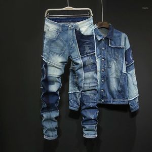 Men's Tracksuits Spliced Denim Jackets And Jeans Autumn Mens Loose 2Pcs Set Long Sleeve Single Breasted Full Length Pant SetMen's