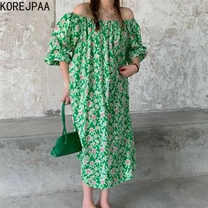 Korejpaa Kadınlar Giyim Yaz Kore Kore Şık Batı tarzı Tatil tarzı Tek boyunlu Straplez Çiçek Sıradan Puf SheVe Vestidos 210526