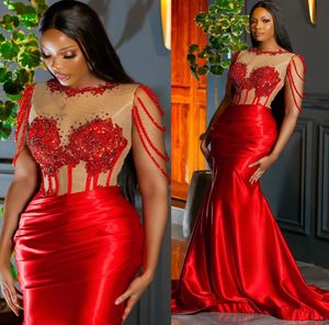 2022 Plus Size Arabic Aso Ebi Red Mermaid Luxurious Prom Dresses Lace Pärled Crystals Evening Formal Party Second Reception Birthday Engagement Gowns Dress ZJ220