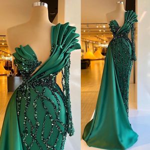 2023 Emerald Green Mermaid Evening Dress One Shoulder Sequins Party Dresses Ruffles Glitter Celebrity Custom Made Prom Gowns BC14393