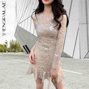 Embroidered Sequin Dress Women s Round Neck Sexy Solid Color Sim Fit Long Sleeve Above Knee Female Party Dresses 210427