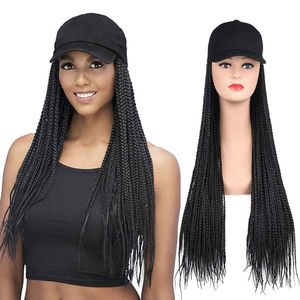 Peruca de boné de beisebol sintético longa com tranças de caixa trançada perucas para mulheres negras afro diariamente use peruca de chapéu branco ajustável para meninas
