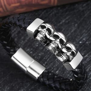 Urok bransoletki ze stali nierdzewnej skórzane bransoletki podwójne czarne warstwy Cowhide Braid lin Gothic Skull Skeleton Men Jewelry 205mmcharm