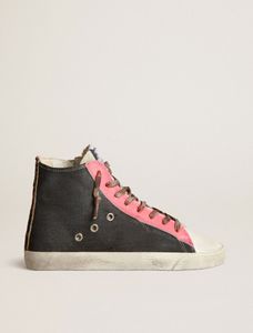 シューズデザイナープレミアムエディションカジュアルスニーカー女性S Francy Ltd Sneakers in White Leather and Black Denim with Gold Lamined Star